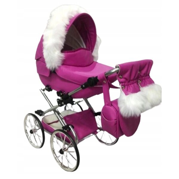 Tiefer Retro-Kinderwagen für Darsi-Puppen, schwarzes Öko-Leder, silberner Rahmen