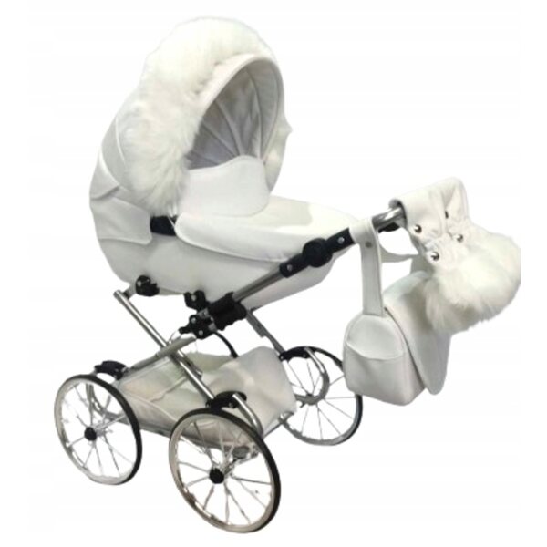 Tiefer Retro-Kinderwagen für Darsi-Puppen, schwarzes Öko-Leder, silberner Rahmen
