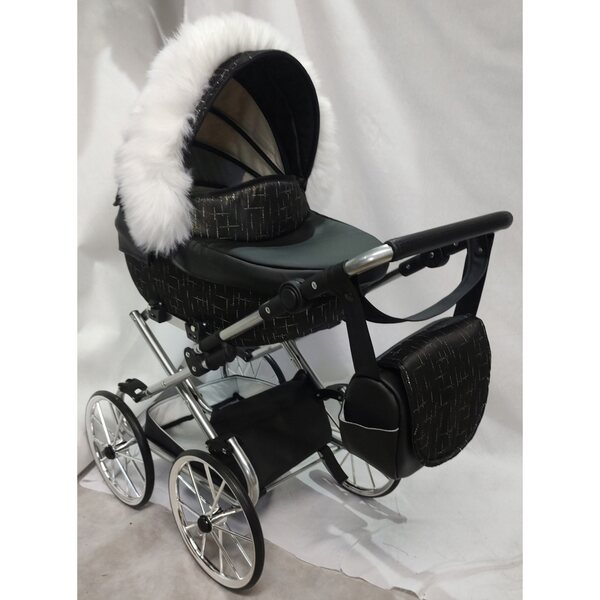 Tiefer Retro-Kinderwagen für Darsi-Puppen, schwarzes Öko-Leder, silberner Rahmen