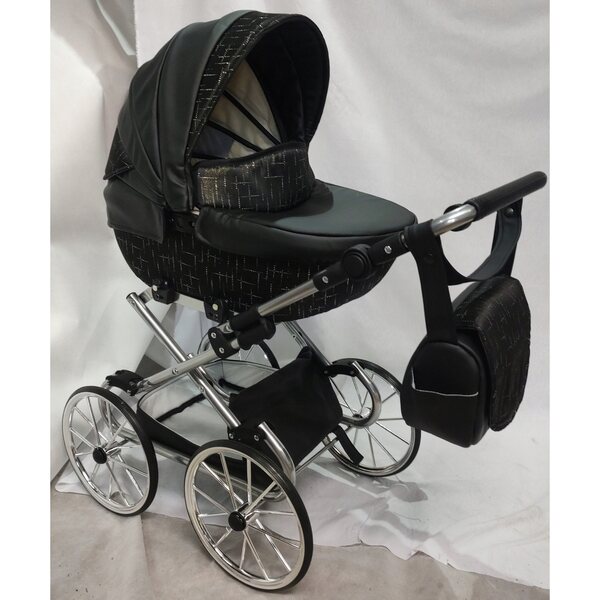 Tiefer Retro-Kinderwagen für Darsi-Puppen, schwarzes Öko-Leder, silberner Rahmen