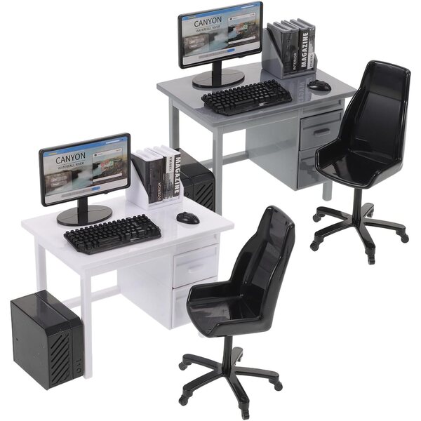 Toyvian Set mit 2 Miniatur-Computertischen im Maßstab 1:12 mit Schreibtisch, Stuhl und Zubehör