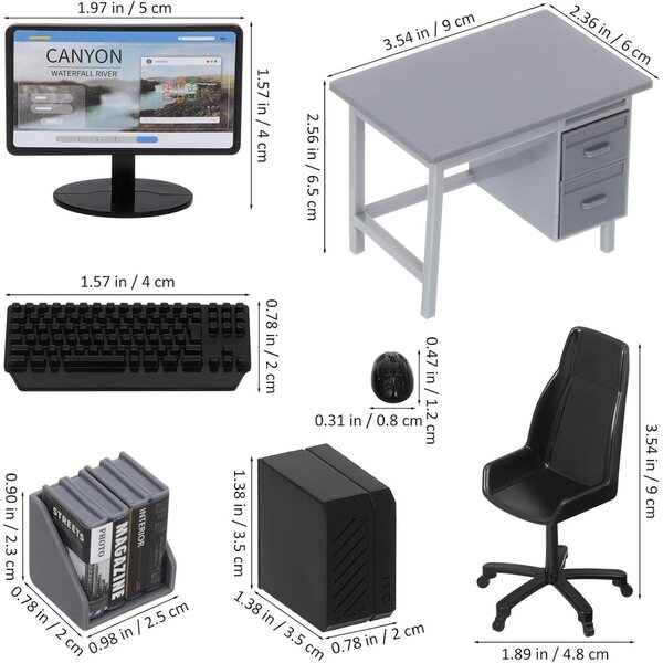 Toyvian Set mit 2 Miniatur-Computertischen im Maßstab 1:12 mit Schreibtisch, Stuhl und Zubehör