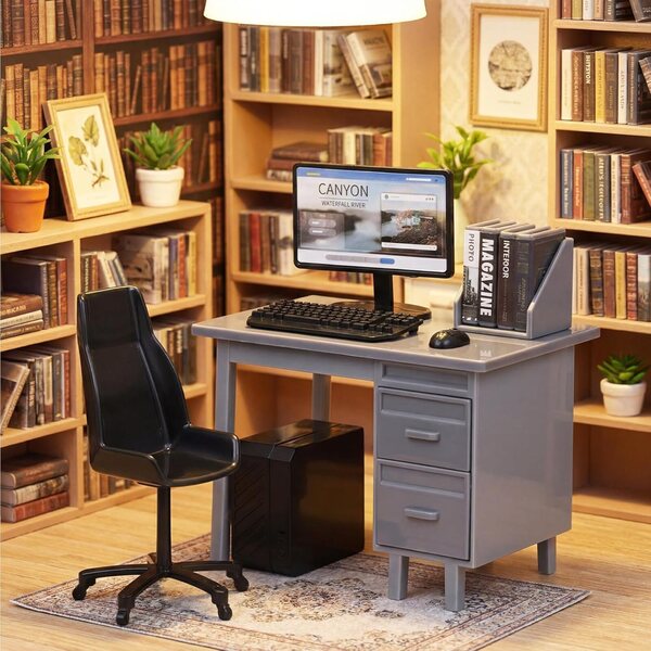 Toyvian Set mit 2 Miniatur-Computertischen im Maßstab 1:12 mit Schreibtisch, Stuhl und Zubehör