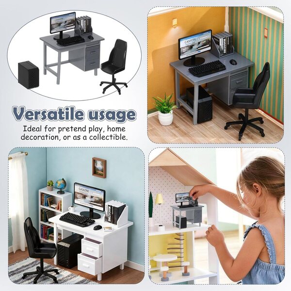 Toyvian Set mit 2 Miniatur-Computertischen im Maßstab 1:12 mit Schreibtisch, Stuhl und Zubehör
