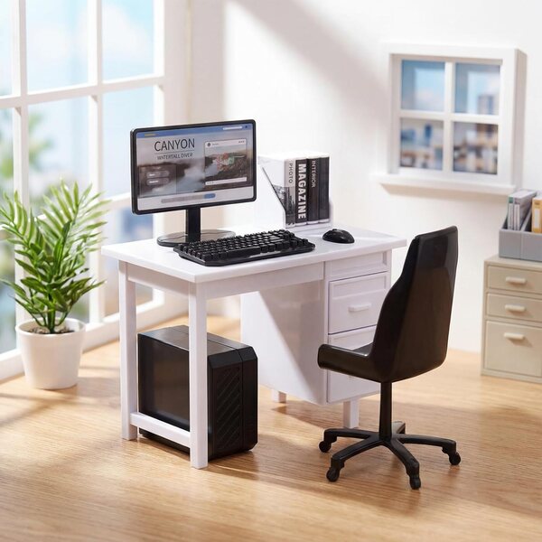 Toyvian Set mit 2 Miniatur-Computertischen im Maßstab 1:12 mit Schreibtisch, Stuhl und Zubehör