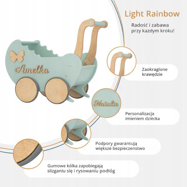 Doll Carriage in Legno con Nome Personalizzato - Chiave per Bambine 12+ Mesi