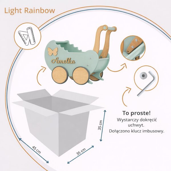 Doll Carriage in Legno con Nome Personalizzato - Chiave per Bambine 12+ Mesi