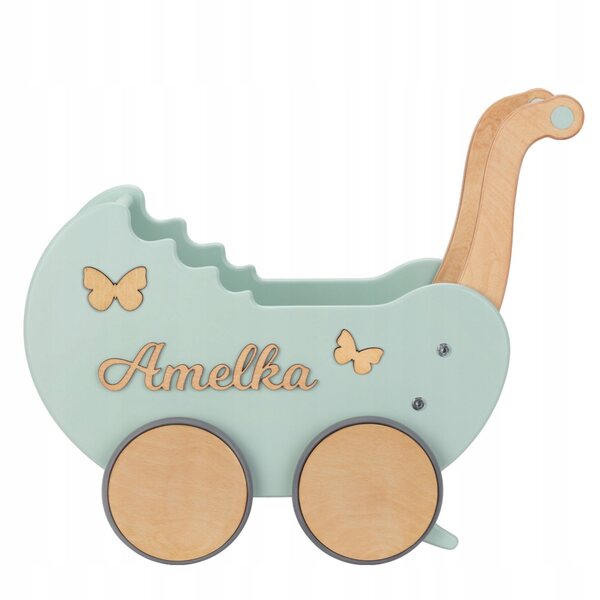 Doll Carriage in Legno con Nome Personalizzato - Chiave per Bambine 12+ Mesi
