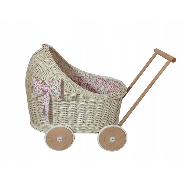 Wòzek wiklinowy ecru für Puppen mit Leinen, Holz und Stoff 45x30x46 cm