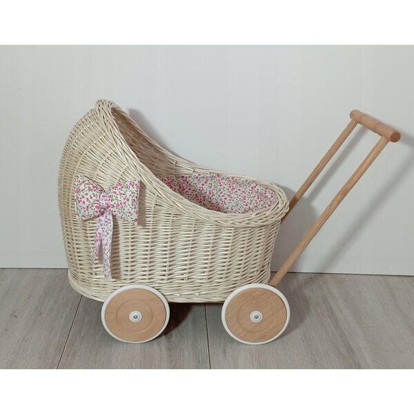 Wòzek wiklinowy ecru für Puppen mit Leinen, Holz und Stoff 45x30x46 cm