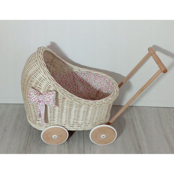 Wòzek wiklinowy ecru für Puppen mit Leinen, Holz und Stoff 45x30x46 cm