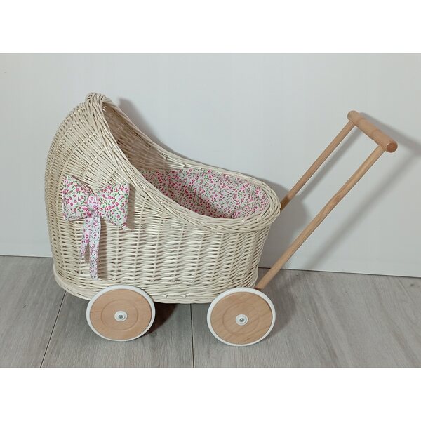 Wòzek wiklinowy ecru für Puppen mit Leinen, Holz und Stoff 45x30x46 cm