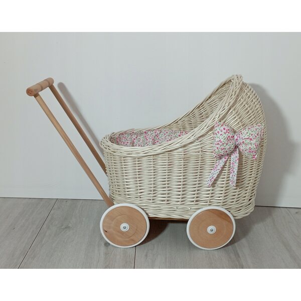 Wòzek wiklinowy ecru für Puppen mit Leinen, Holz und Stoff 45x30x46 cm