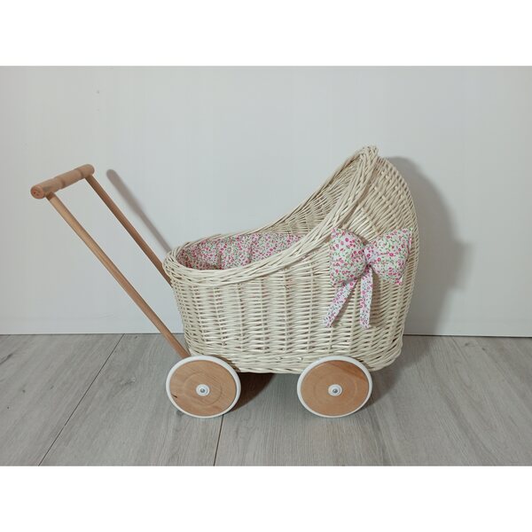 Wòzek wiklinowy ecru für Puppen mit Leinen, Holz und Stoff 45x30x46 cm