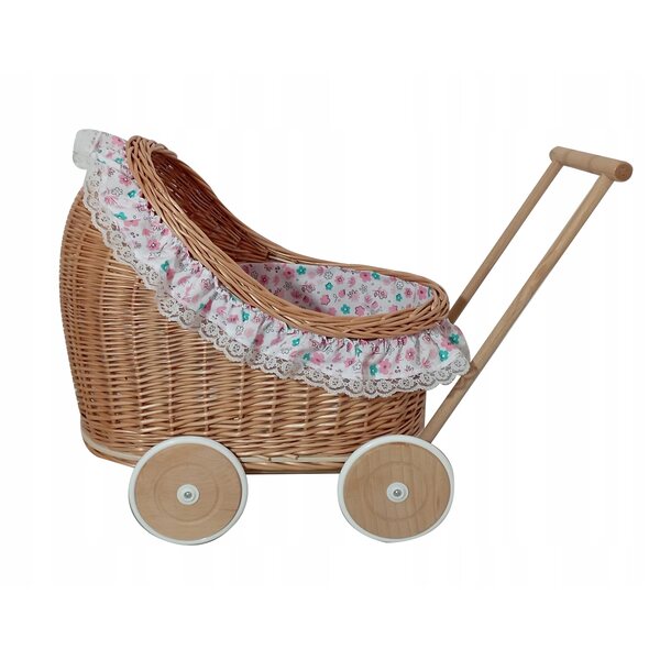 Passeggino in vimini per bambole con biancheria da letto, ruote in legno, prodotto polacco, 45 cm