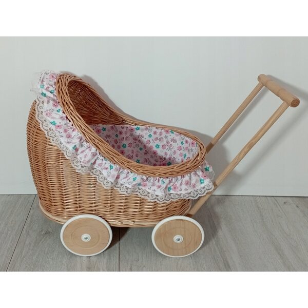 Passeggino in vimini per bambole con biancheria da letto, ruote in legno, prodotto polacco, 45 cm