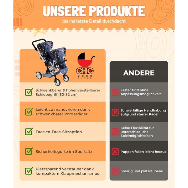 Bayer Chic 2000 Duo Melange – Verstellbarer Spielzeug-Kinderwagen für Puppen