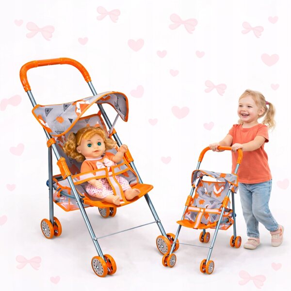 Puppenwagen aus grau-orangefarbenem Metall, leicht und stabil