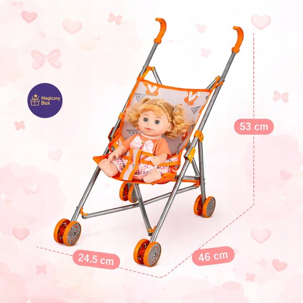 Passeggino per bambole in metallo grigio-arancio, leggero e stabile