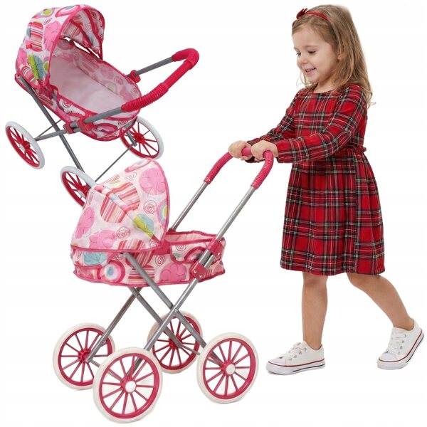 Puppenwagen mit großen Rädern, faltbar, hellrosa, perfekt für ein kleines Mädchen