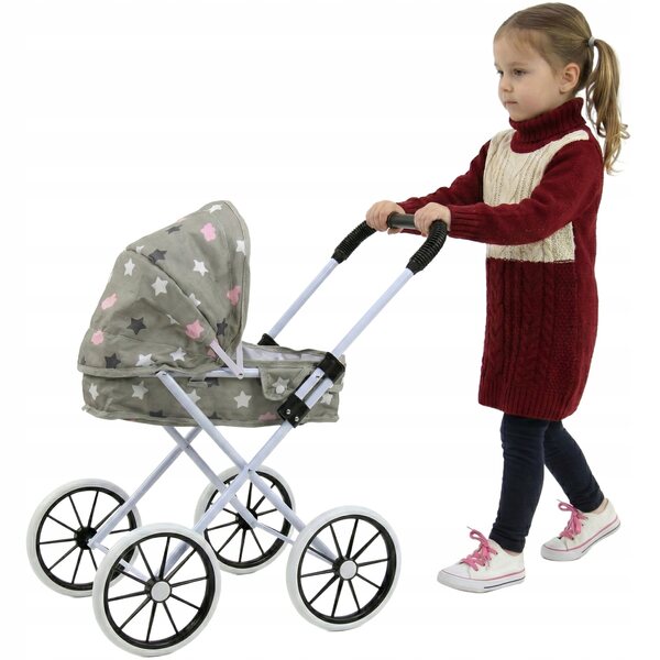 Großer, faltbarer und leichter Puppenwagen mit tiefem Sitz und großen Rädern, grau