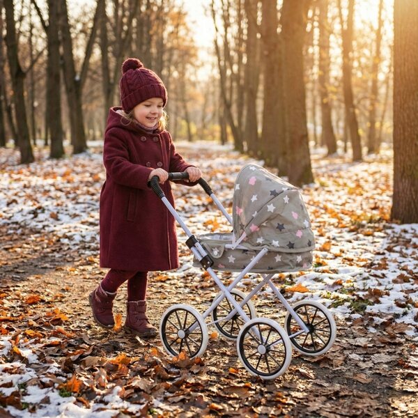 Großer, faltbarer und leichter Puppenwagen mit tiefem Sitz und großen Rädern, grau