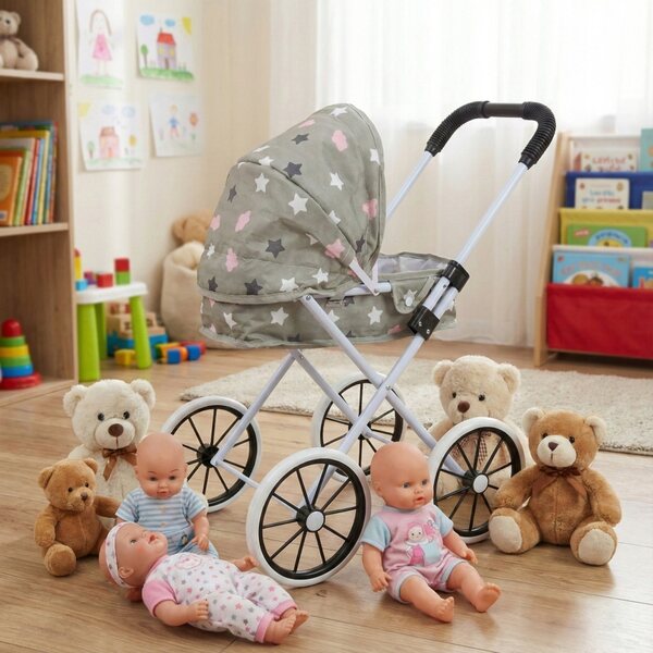 Großer, faltbarer und leichter Puppenwagen mit tiefem Sitz und großen Rädern, grau