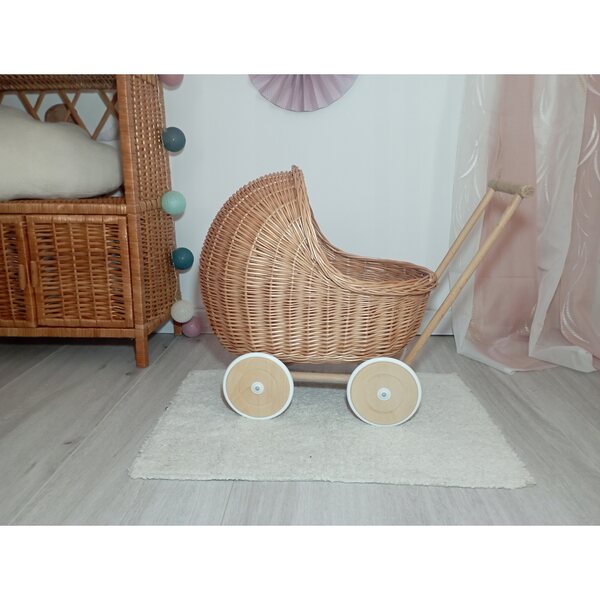 Passeggino per bambole in vimini, spingitore naturale, resistente ed ecologico, 45 cm