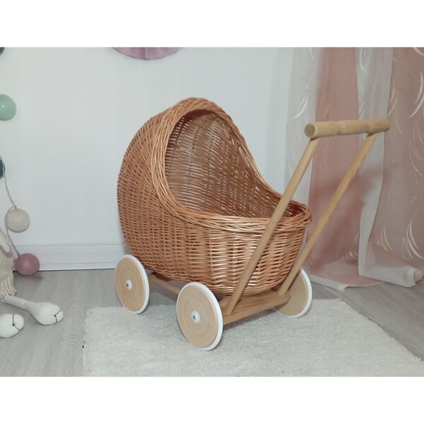 Passeggino per bambole in vimini, spingitore naturale, resistente ed ecologico, 45 cm