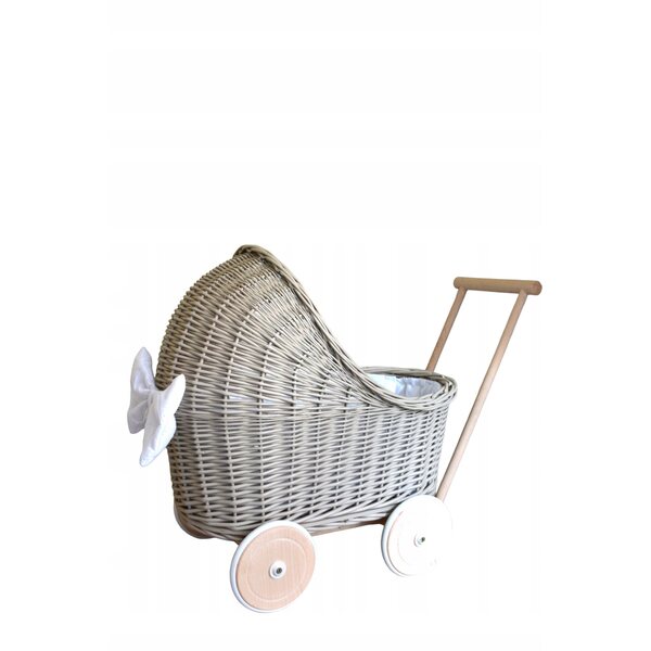 Puppenwagen aus Korbgeflecht mit Holzgriff und beigen Gummirädern