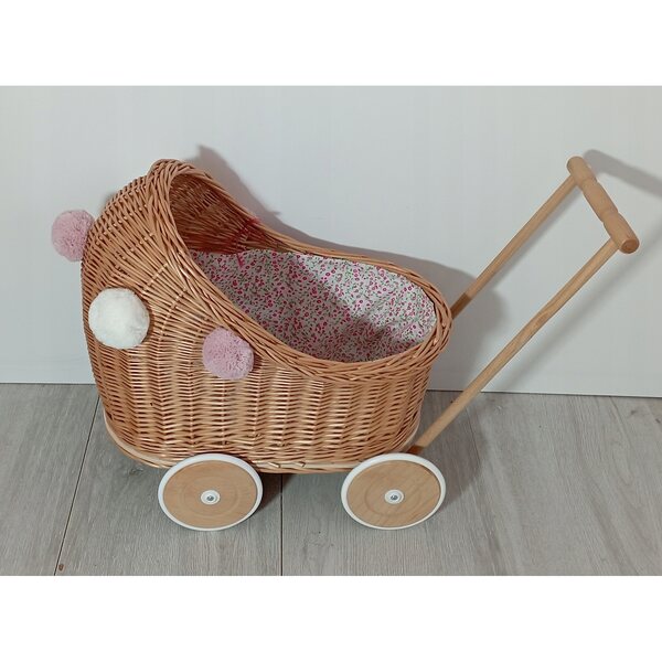 Passeggino per bambole in vimini Pusher con biancheria da letto naturale: un giocattolo sicuro per i bambini