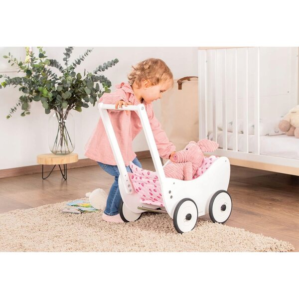 Pinolino Trixi Puppenwagen aus Holz, weiß, mit Bettwäsche, ab 12 Monaten