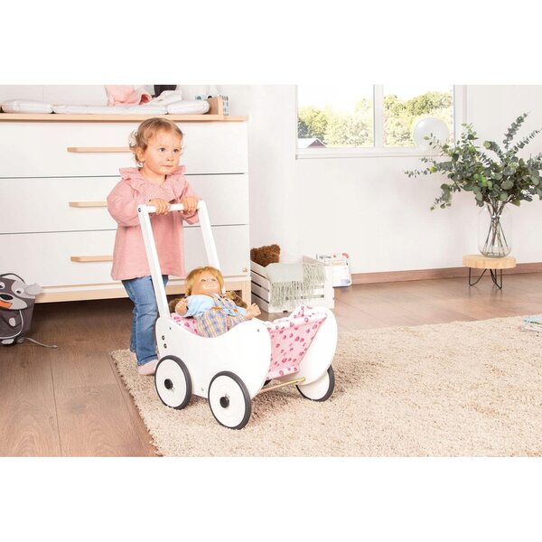 Pinolino Trixi Puppenwagen aus Holz, weiß, mit Bettwäsche, ab 12 Monaten