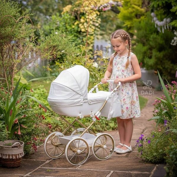 Dolce Mini TAKO Puppenwagen, weiß, mit großen Rädern – für Mädchen von 3 bis 8 Jahren