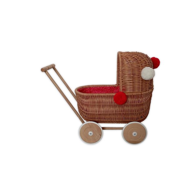 Passeggino per bambole in vimini con biancheria da letto, ruote in legno, produzione polacca, 45x30x46 cm