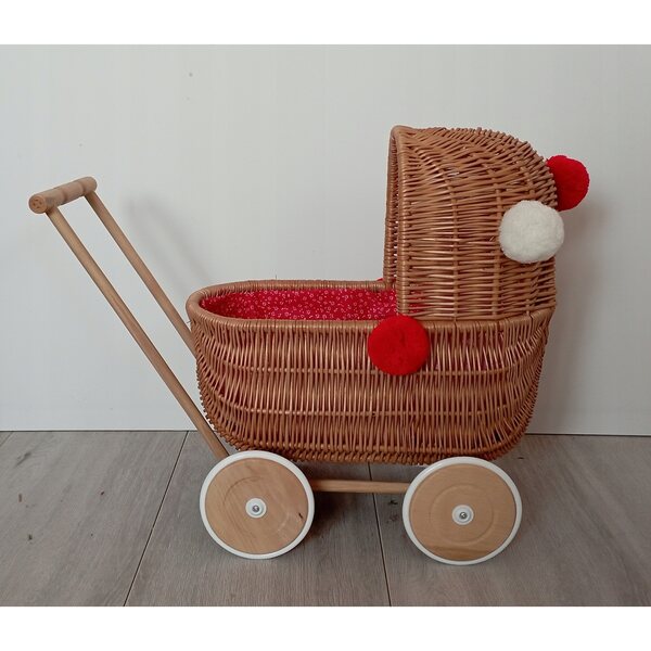 Passeggino per bambole in vimini con biancheria da letto, ruote in legno, produzione polacca, 45x30x46 cm