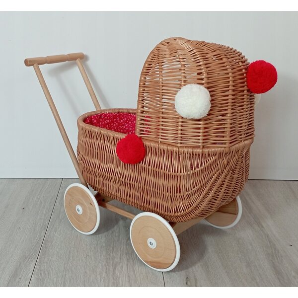Passeggino per bambole in vimini con biancheria da letto, ruote in legno, produzione polacca, 45x30x46 cm