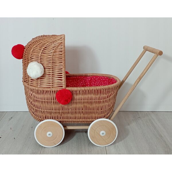 Passeggino per bambole in vimini con biancheria da letto, ruote in legno, produzione polacca, 45x30x46 cm