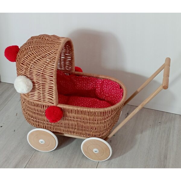 Passeggino per bambole in vimini con biancheria da letto, ruote in legno, produzione polacca, 45x30x46 cm