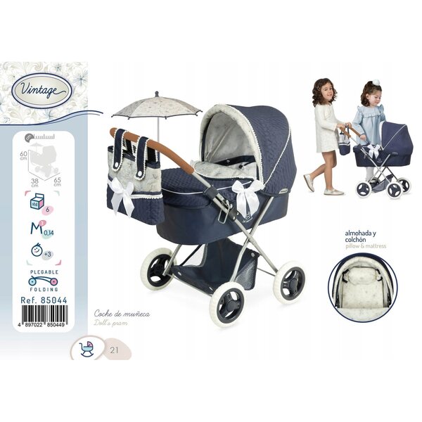Passeggino per bambole vintage DeCuevas con parasole e zaino coordinato