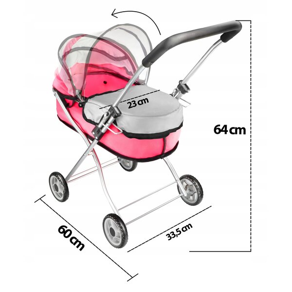 Diep opvouwbare poppenwagen hoogte 64 cm roze voor kinderen vanaf 3 jaar