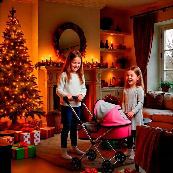Diep opvouwbare poppenwagen hoogte 64 cm roze voor kinderen vanaf 3 jaar