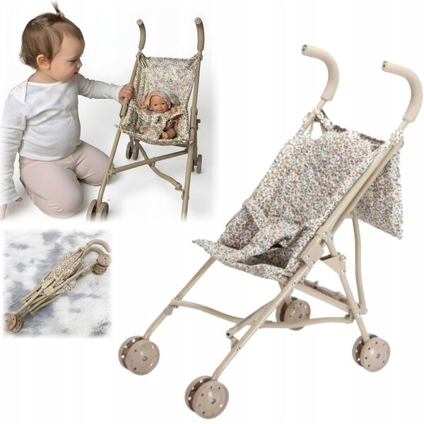 Leichter, zusammenklappbarer Puppenwagen im Vintage-Stil in Beige mit Blumenmotiven