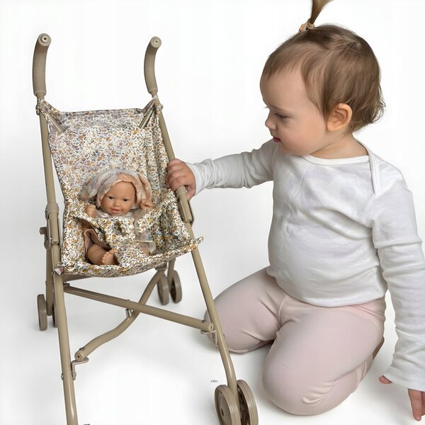 Leichter, zusammenklappbarer Puppenwagen im Vintage-Stil in Beige mit Blumenmotiven
