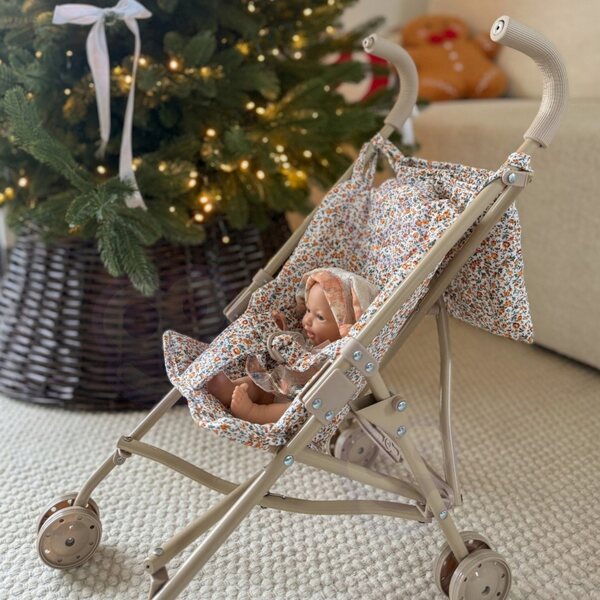 Leichter, zusammenklappbarer Puppenwagen im Vintage-Stil in Beige mit Blumenmotiven