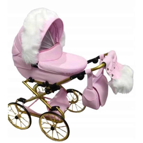 Großer, tiefer Retro-Kinderwagen für Darsi-Puppen in Rosa und Gold aus Öko-Leder