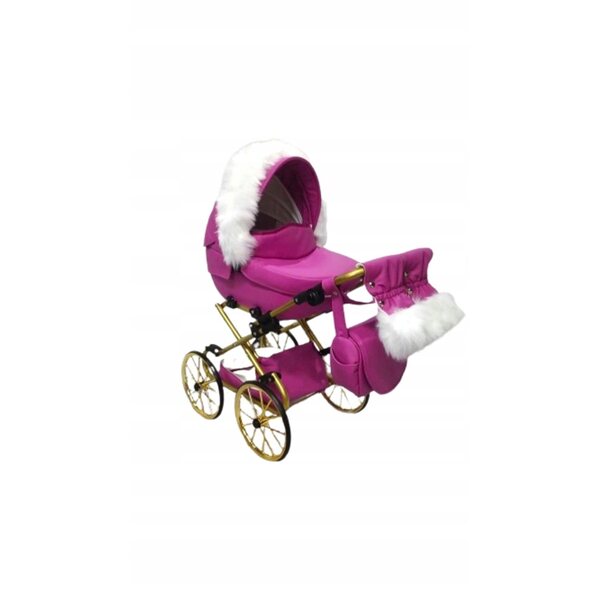 Großer, tiefer Retro-Kinderwagen für Darsi-Puppen in Rosa und Gold aus Öko-Leder