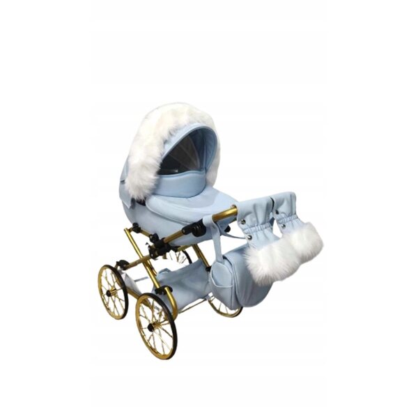 Großer, tiefer Retro-Kinderwagen für Darsi-Puppen in Rosa und Gold aus Öko-Leder