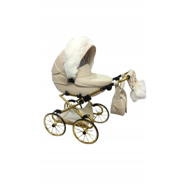 Großer, tiefer Retro-Kinderwagen für Darsi-Puppen in Rosa und Gold aus Öko-Leder