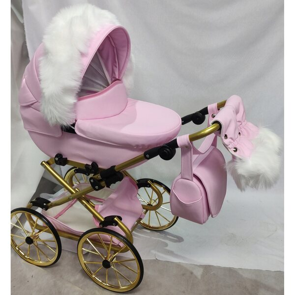 Großer, tiefer Retro-Kinderwagen für Darsi-Puppen in Rosa und Gold aus Öko-Leder